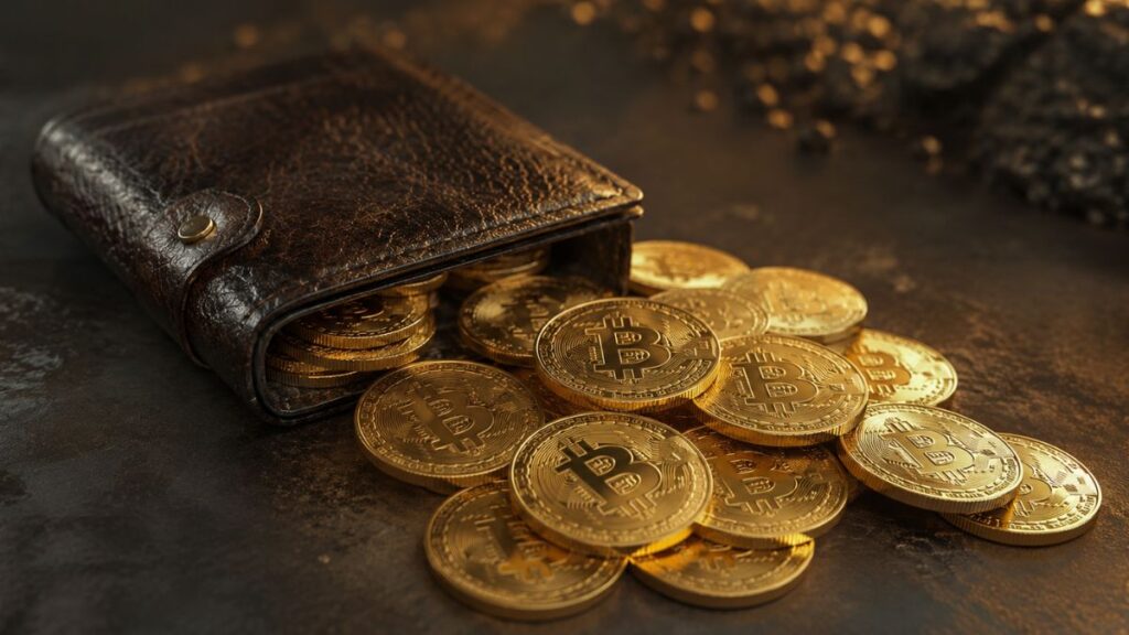 Cartera de cuero abierta derramando monedas doradas de bitcoin sobre una superficie oscura.