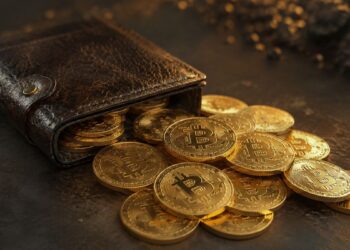 Cartera de cuero abierta derramando monedas doradas de bitcoin sobre una superficie oscura.