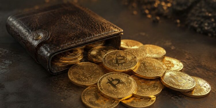 Cartera de cuero abierta derramando monedas doradas de bitcoin sobre una superficie oscura.