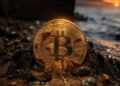 una moneda de bitcoin enterrada en la arena con un cofre de monedas atrás en la playa