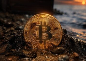 una moneda de bitcoin enterrada en la arena con un cofre de monedas atrás en la playa