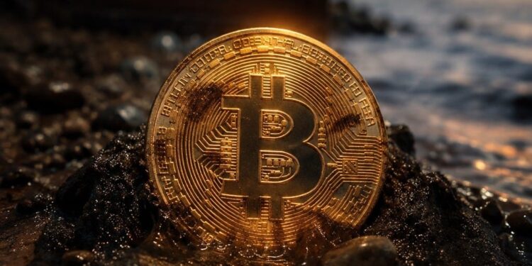 una moneda de bitcoin enterrada en la arena con un cofre de monedas atrás en la playa
