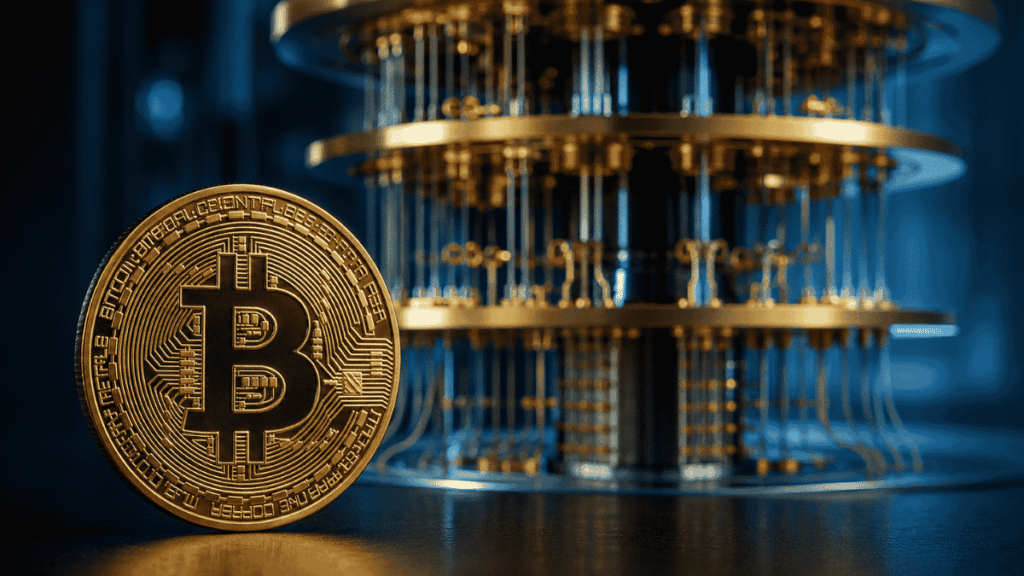 Moneda de bitcoin e imagen genérica de una computadora cuántica.