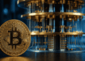 Moneda de bitcoin e imagen genérica de una computadora cuántica.