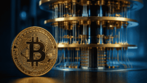 Moneda de bitcoin e imagen genérica de una computadora cuántica.