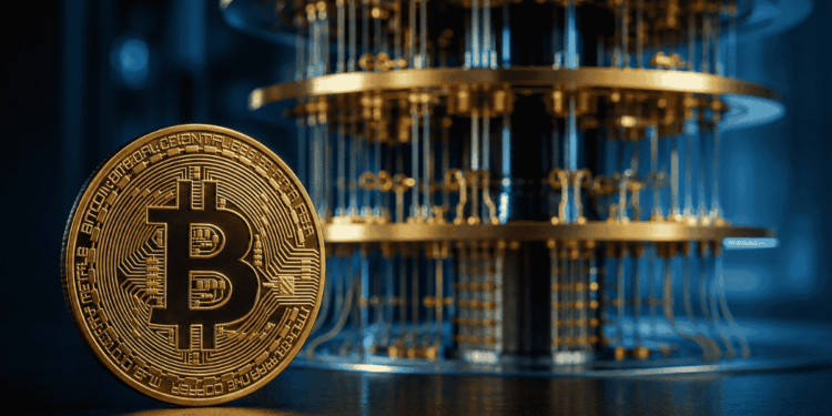 Moneda de bitcoin e imagen genérica de una computadora cuántica.