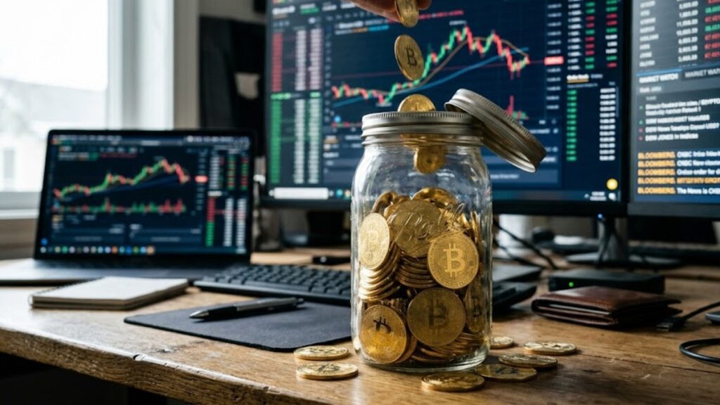 Un frasco de cristal en donde se están acumulando bitcoin, con gráficos de mercado mixtos en el fondo.
