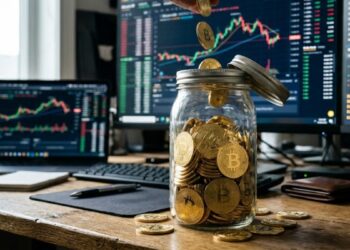 Un frasco de cristal en donde se están acumulando bitcoin, con gráficos de mercado mixtos en el fondo.