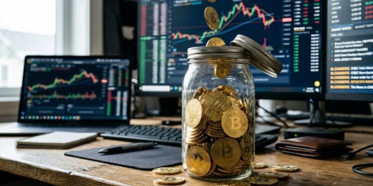 Un frasco de cristal en donde se están acumulando bitcoin, con gráficos de mercado mixtos en el fondo.