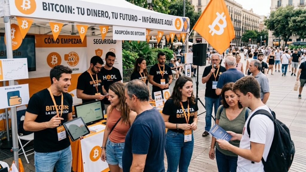 Imagen de bitcoiners promoviendo la adopción de bitcoin a personas de entre 18 y 64 años de edad.