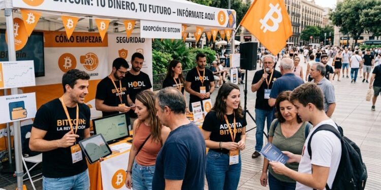 Imagen de bitcoiners promoviendo la adopción de bitcoin a personas de entre 18 y 64 años de edad.