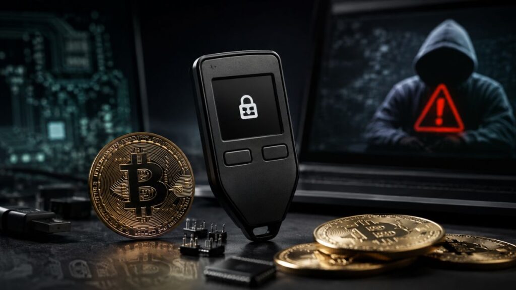 hardware wallet bloqueado junto a monedas bitcoin físicas, con un hacker encapuchado y un icono de alerta.