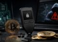 hardware wallet bloqueado junto a monedas bitcoin físicas, con un hacker encapuchado y un icono de alerta.