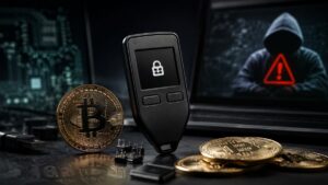 hardware wallet bloqueado junto a monedas bitcoin físicas, con un hacker encapuchado y un icono de alerta.