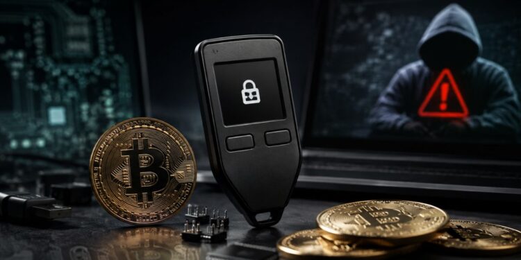 hardware wallet bloqueado junto a monedas bitcoin físicas, con un hacker encapuchado y un icono de alerta.