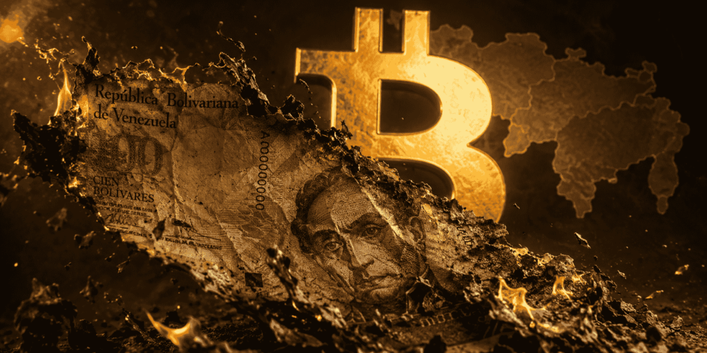 Ilustración conceptual en tonos dorados y oscuros que muestra un billete de 100 bolívares de la República Bolivariana de Venezuela quemándose por los bordes. En el fondo, detrás del fuego y las cenizas, emerge el símbolo tridimensional brillante de Bitcoin junto a la silueta del mapa de Venezuela.