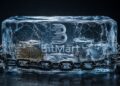Monedas de bitcoin y Ethereum congeladas en un bloque de hielo con una cadena.
