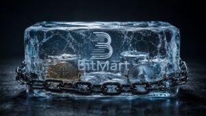 Monedas de bitcoin y Ethereum congeladas en un bloque de hielo con una cadena.