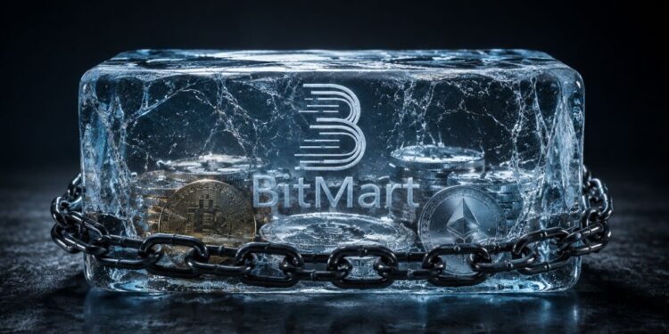 Monedas de bitcoin y Ethereum congeladas en un bloque de hielo con una cadena.