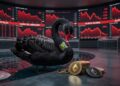 Un cisne negro con el logo de BitMine, monedas de Ethereum alrededor y de fondo gráficas de mercado en rojo.