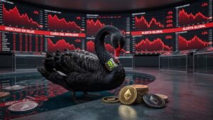 Un cisne negro con el logo de BitMine, monedas de Ethereum alrededor y de fondo gráficas de mercado en rojo.