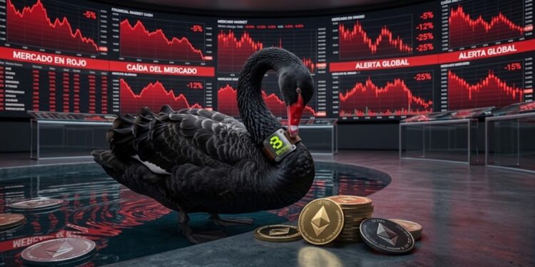 Un cisne negro con el logo de BitMine, monedas de Ethereum alrededor y de fondo gráficas de mercado en rojo.