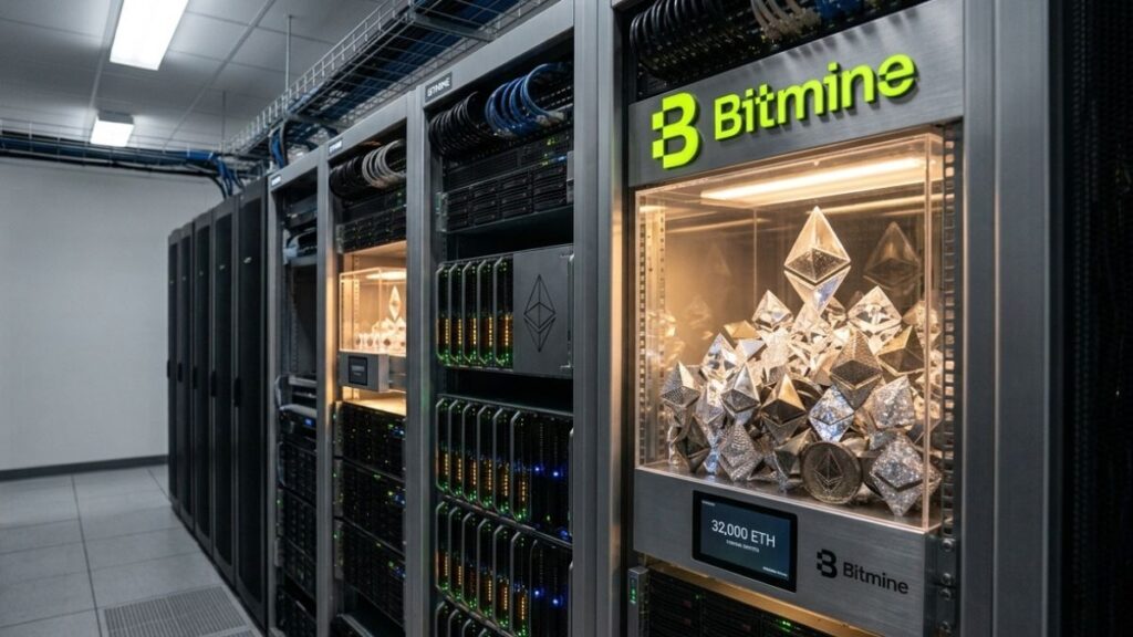 Servidores de Bitmine en un centro de datos iluminando una vitrina con cristales de Ethereum y la cifra 32.000 ETH.