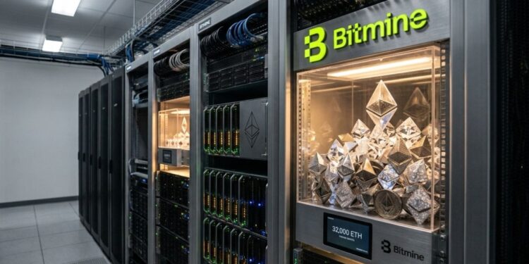 Servidores de Bitmine en un centro de datos iluminando una vitrina con cristales de Ethereum y la cifra 32.000 ETH.