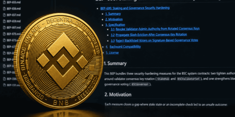 Moneda física de BNB y repositorio de Gihub con una de las BEP de este hard fork.