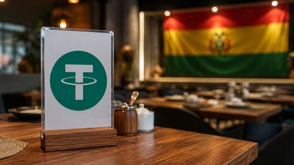 Cartel con el logo de Tether (USDT) en la mesa de un restaurante con la bandera de Bolivia al fondo.