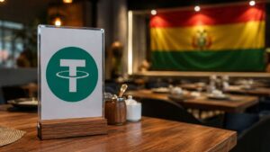 Cartel con el logo de Tether (USDT) en la mesa de un restaurante con la bandera de Bolivia al fondo.