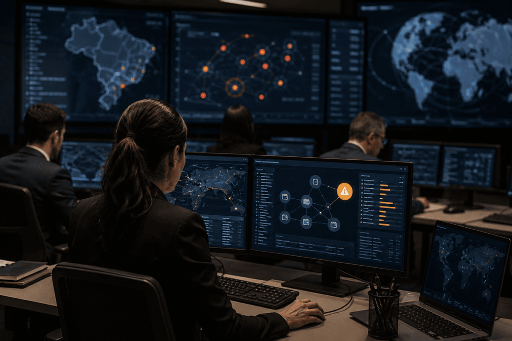 Una mujer sentada frente a dos monitores en una sala de monitoreo, rodeada de otros analistas y pantallas con mapas y gráficos de seguridad.