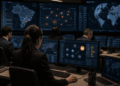 Una mujer sentada frente a dos monitores en una sala de monitoreo, rodeada de otros analistas y pantallas con mapas y gráficos de seguridad.