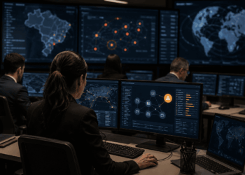 Una mujer sentada frente a dos monitores en una sala de monitoreo, rodeada de otros analistas y pantallas con mapas y gráficos de seguridad.