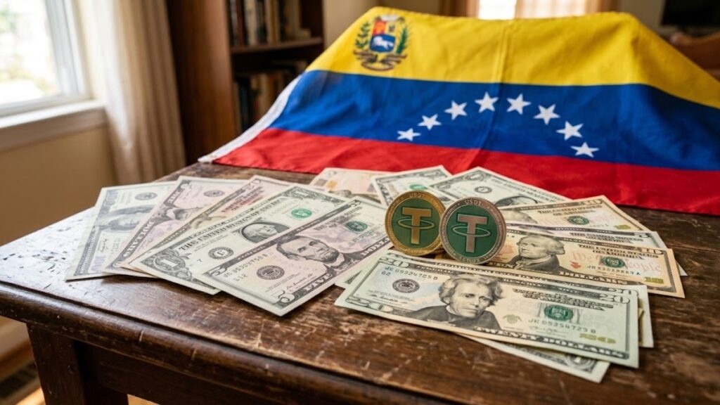 monedas de USDT junto a dólares en efectivo y la bandera de Venezuela.
