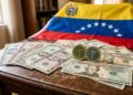 monedas de USDT junto a dólares en efectivo y la bandera de Venezuela.