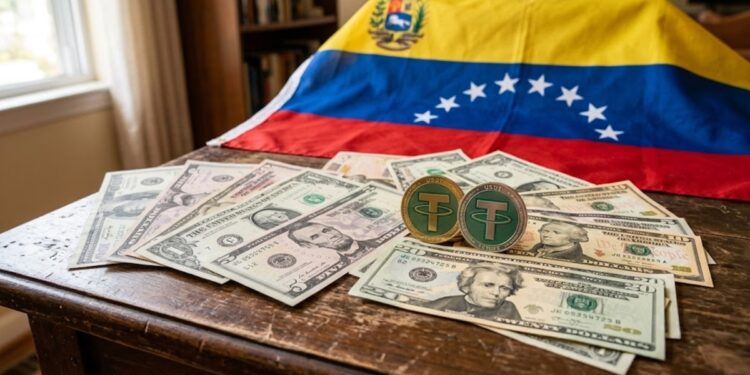 monedas de USDT junto a dólares en efectivo y la bandera de Venezuela.