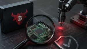 Lupa enfocando un microchip con láser y caja con logo de Bull Bitcoin, representando inspección.