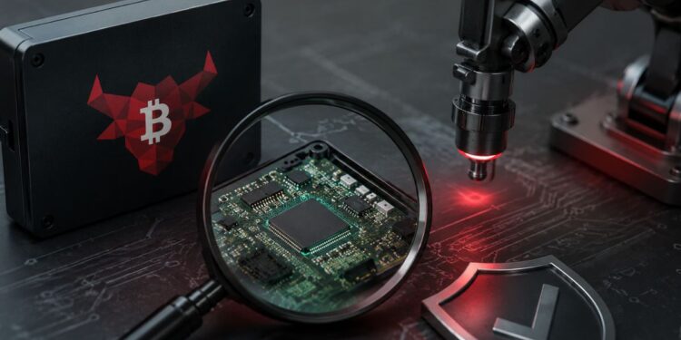 Lupa enfocando un microchip con láser y caja con logo de Bull Bitcoin, representando inspección.