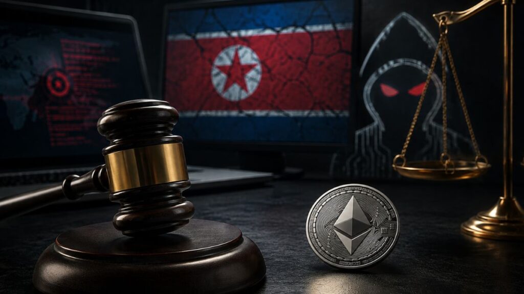 Mazo de juez, moneda de Ethereum y balanza de la justicia con la bandera de Corea del Norte y la silueta de un hacker al fondo.