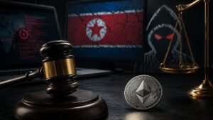 Mazo de juez, moneda de Ethereum y balanza de la justicia con la bandera de Corea del Norte y la silueta de un hacker al fondo.