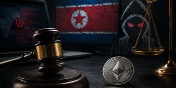 Mazo de juez, moneda de Ethereum y balanza de la justicia con la bandera de Corea del Norte y la silueta de un hacker al fondo.