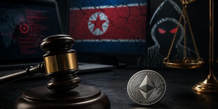 Mazo de juez, moneda de Ethereum y balanza de la justicia con la bandera de Corea del Norte y la silueta de un hacker al fondo.