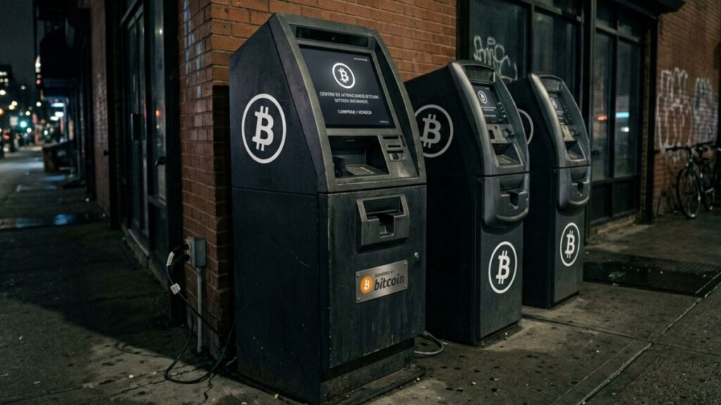 Cajeros automáticos de bitcoin en la calle.