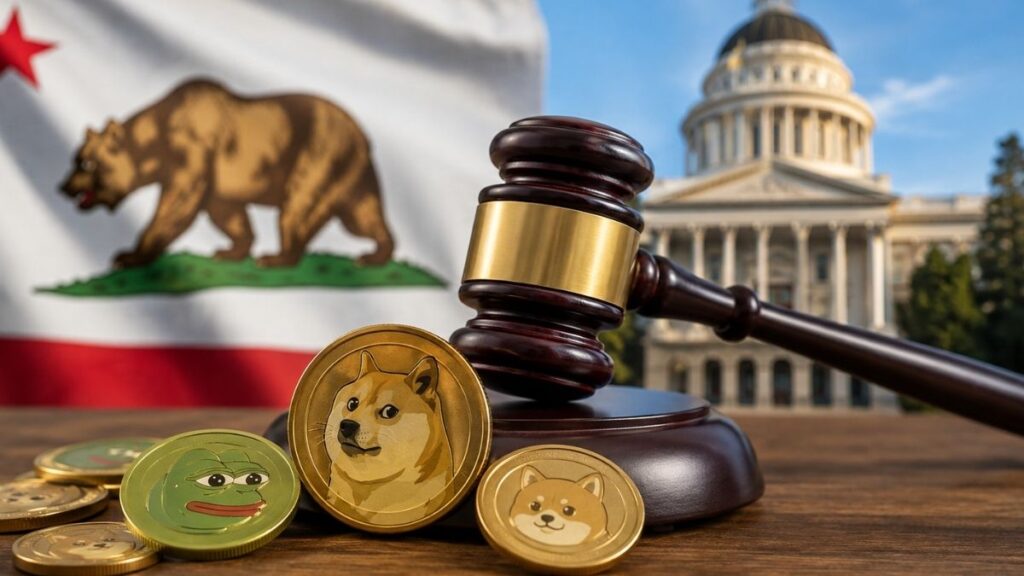 Mazo de juez y monedas de memecoins como dogecoin y pepe con la bandera de California y el capitolio de fondo.