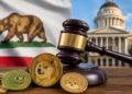 Mazo de juez y monedas de memecoins como dogecoin y pepe con la bandera de California y el capitolio de fondo.