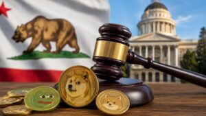 Mazo de juez y monedas de memecoins como dogecoin y pepe con la bandera de California y el capitolio de fondo.