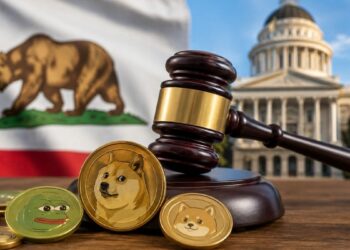Mazo de juez y monedas de memecoins como dogecoin y pepe con la bandera de California y el capitolio de fondo.