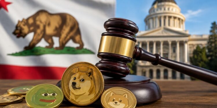 Mazo de juez y monedas de memecoins como dogecoin y pepe con la bandera de California y el capitolio de fondo.