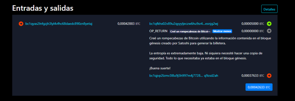 Captura de una transacción de Bitcoin con un mensaje inscrito mediante OP_RETURN